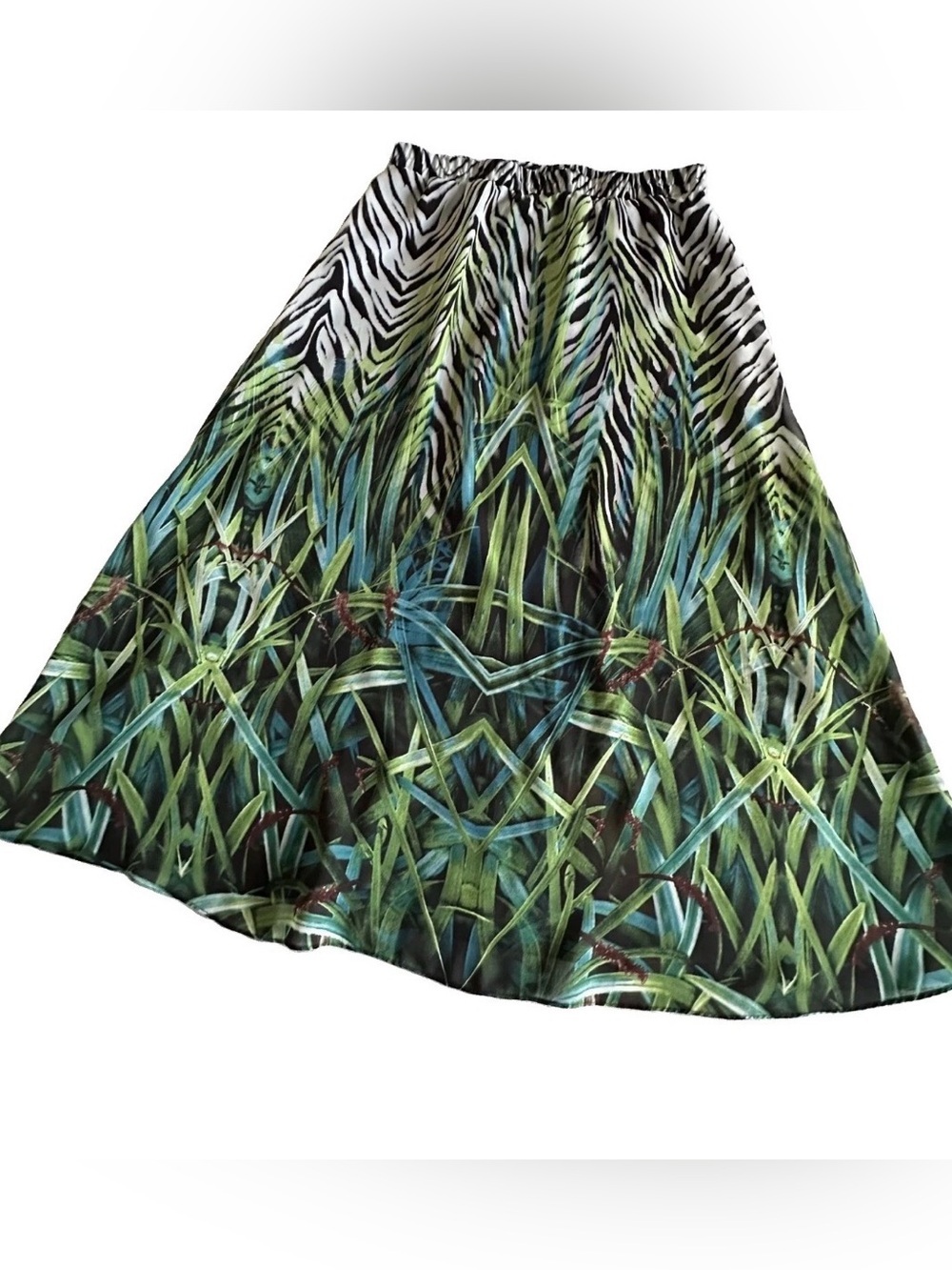 New Directions Skirt Womens L Green Zebra Animal Grass Maxi Boho Sheer Lined